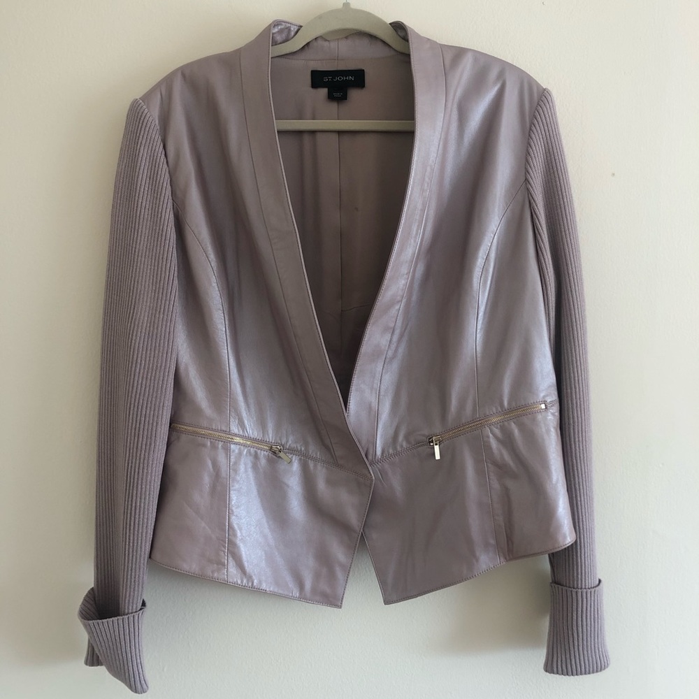 St. John Leather Front Wool Knit Jacket Mauve